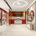 Elegant Traditional Chinese Liquor Store Interior With Red Gold Decor Circular Display Central Counter And Wooden Shelves