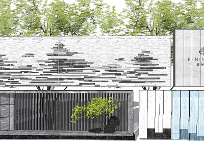 Modern Feature Wall Design With Stone Horizontal Lines Green Plants Metal Grilles And Water Feature 3d model