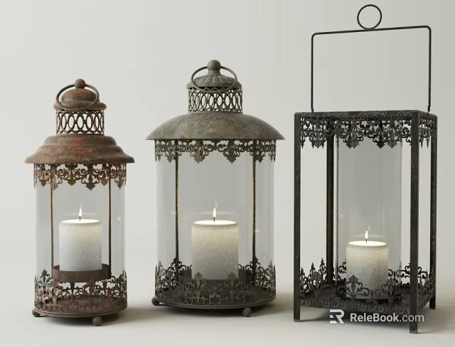 Decorative Antique Metal Candle Lanterns With Glass Shades And Intricate Patterns 3d model 
