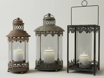 Decorative Antique Metal Candle Lanterns With Glass Shades And Intricate Patterns 3d model