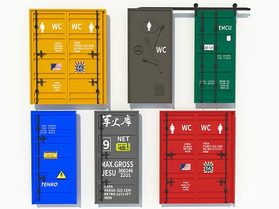 Colorful Public Toilet Swing Doors with WC Signs and National Flag Designs 3d model