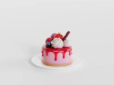 Delicious Pink Glaze Cake With Fresh Strawberries Blueberries And Whipped Cream On White Plate 3d model