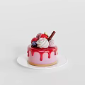 Delicious Pink Glaze Cake With Fresh Strawberries Blueberries And Whipped Cream On White Plate