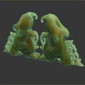 Pair of Golden Jade Sculptures with Intricate Mythical Figure Carvings and Glossy Surface