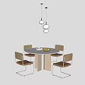 Minimalist Round Dining Table with Four Woven Chairs Brown Seats and Three White Pendant Lights