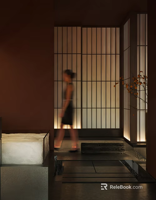 Japanese Style Shoji Screen Interior With Vertical Slats Wooden Frame Warm Lighting And Indoor Plant 3d model 