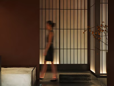 Japanese Style Shoji Screen Interior With Vertical Slats Wooden Frame Warm Lighting And Indoor Plant 3d model