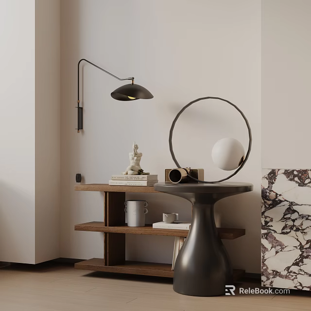 Modern Side Table with Arched Floor Lamp Round Ornament and Wooden Shelf Displaying Books Sculpture 3d model 