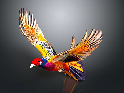 Vibrant Colored Bird Flying With Spread Wings Against Dark Background 3d model