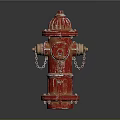Red Fire Hydrant With Metal Chains And Distressed Red Paint Finish