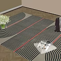 Modern Square Rug with Black White Stripes Red Lines and Circular Patterns in Living Room