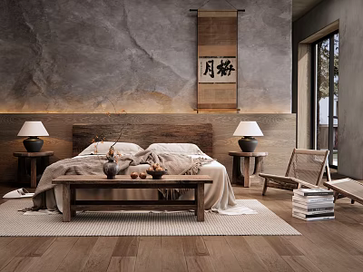 Zen Bedroom Featuring Gray Marble Wall Wooden Headboard Rattan Chair Scroll Painting And Wooden Flooring 3d model