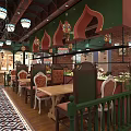 Traditional Restaurant Exterior With Colorful Domes Red Brick Walls And Arched Wrought Iron Gates