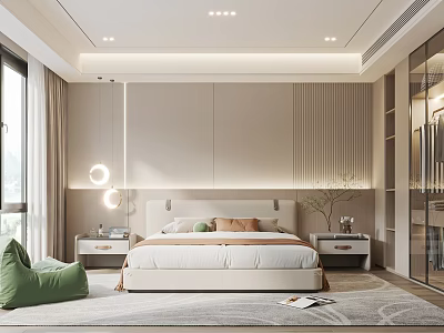 Modern Bedroom Interior With Beige Bed Green Accents Pendant Lights And Floor-to-Ceiling Windows 3d model