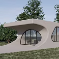 Modern Concrete Entrance Gate With Curved Design Large Windows And Green Grassland