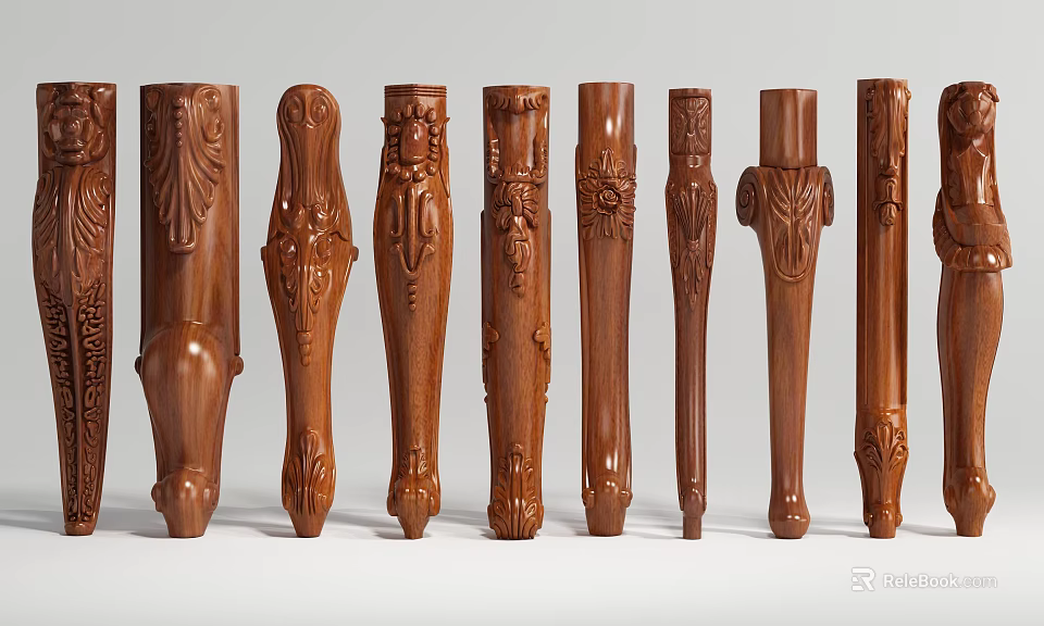 Wooden Columns With Various Carved Designs And Decorative Patterns Arranged In Row 3d model 