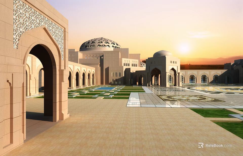 Islamic Religious Architecture Featuring Arched Doors Domes and Courtyard Fountains in Sunset Backdrop 3d model 