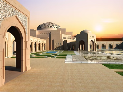 Islamic Religious Architecture Featuring Arched Doors Domes and Courtyard Fountains in Sunset Backdrop 3d model