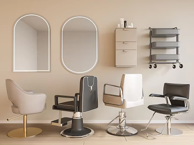 Salon Interior Featuring Various Single Chairs Arched Mirrors And Rolling Storage Shelf 3d model