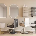 Salon Interior Featuring Various Single Chairs Arched Mirrors And Rolling Storage Shelf 3d model