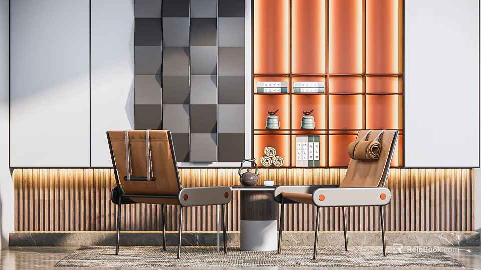 Modern Leisure Sofa Set With Brown Chairs Small Coffee Table Gray And Orange Walls 3d model 