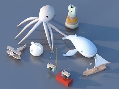 Colorful Kids' Toys Collection With Octopus Whale Bear Airplane And Sailboat Models 3d model