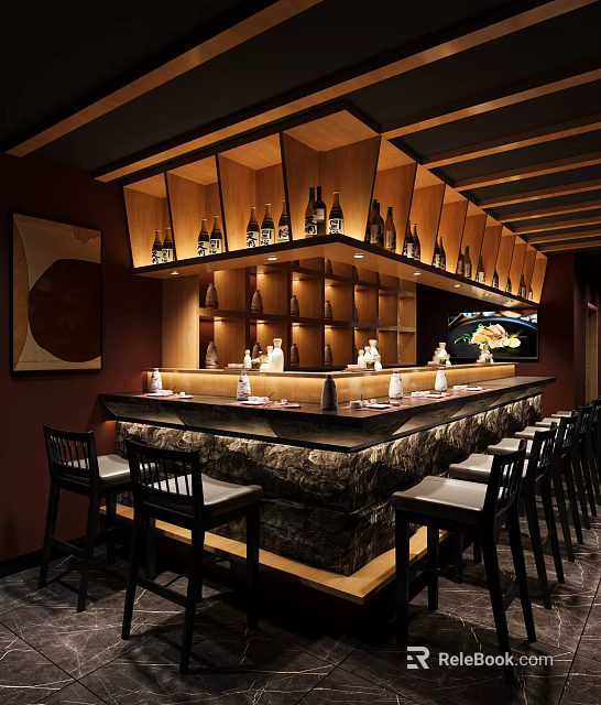 Stylish Restaurant Interior With Marble Bar Counter Wooden Bottle Shelves Tableware And Black Chairs 3d model 