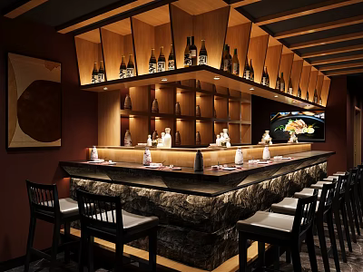Stylish Restaurant Interior With Marble Bar Counter Wooden Bottle Shelves Tableware And Black Chairs 3d model