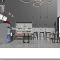 Modern Cafe Interior Design With Staircase Pendant Lights Bar Counter And Green Plants