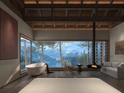 Hotel Guest Room With Wooden Ceiling Large Windows Mountain View Bathtub Fireplace And Sofa 3d model