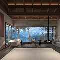 Hotel Guest Room With Wooden Ceiling Large Windows Mountain View Bathtub Fireplace And Sofa