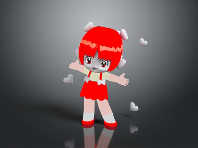 Cute Red Hair Cartoon Game Character In Red Dress With Open Arms And Floating Hearts 3d model