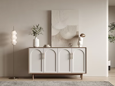 Modern Entryway Cabinet With Arched White Doors Wooden Frame Floor Lamp Green Plant And Artwork 3d model