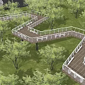 Scenic Road Facilities Featuring Winding Wooden Walkway With White Railings Among Lush Green Trees