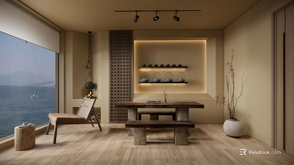 Tea Room Interior with Wooden Table Bench Sea View Warm Lighting Tea Sets Lattice Wall 3d model 