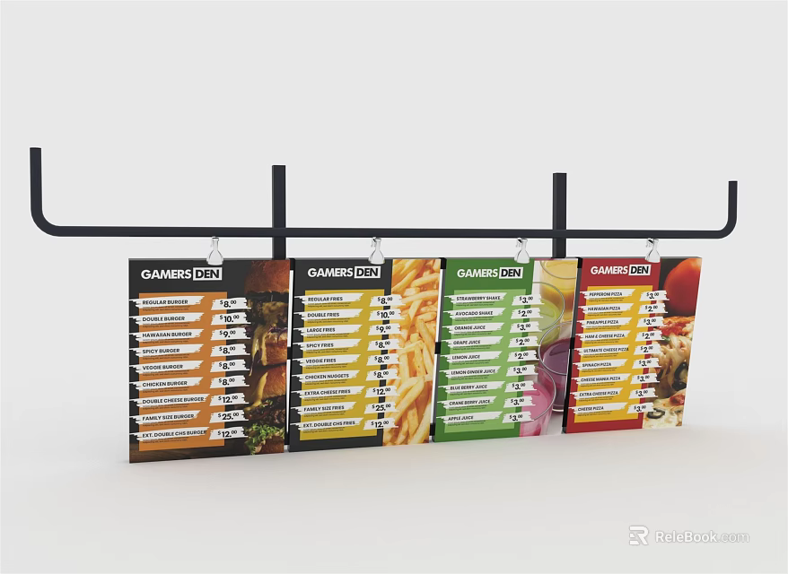 Commercial Hanging Menu Display Equipment With Multiple Colorful Boards And Food 3d model 