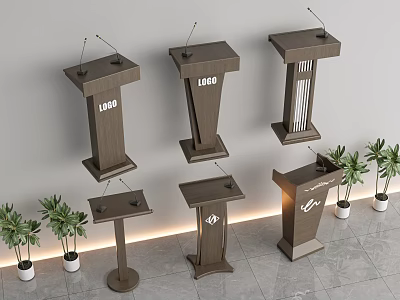 Modern Functional Desk Various Wooden Styles With Microphones And Potted Plants 3d model