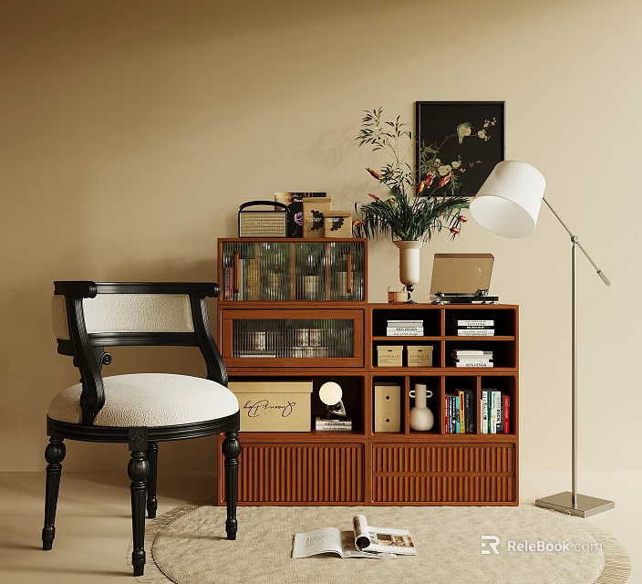 Wooden Console Cabinet with Glass Doors Books Decorative Items Chair and Floor Lamp in Entryway 3d model 