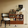 Wooden Console Cabinet with Glass Doors Books Decorative Items Chair and Floor Lamp in Entryway