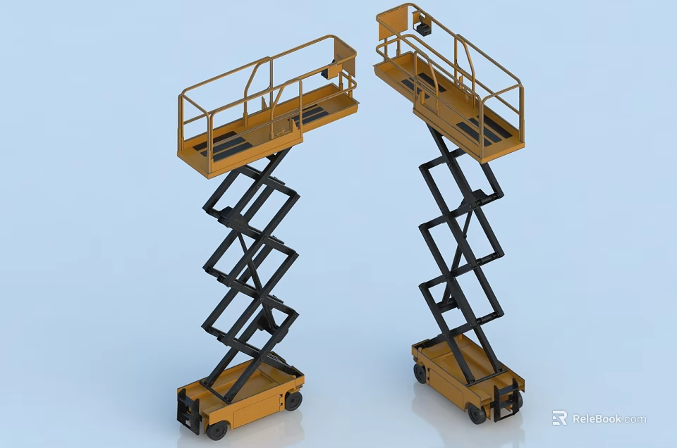 Two Yellow Industrial Scissor Lifts With Hydraulic Mobile Platform Railings For Aerial Work 3d model 