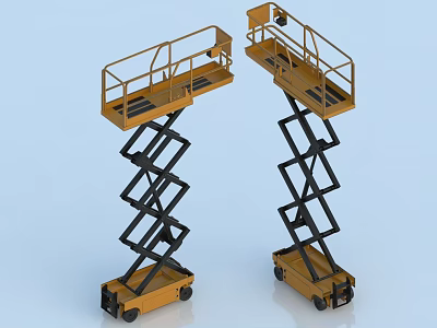 Two Yellow Industrial Scissor Lifts With Hydraulic Mobile Platform Railings For Aerial Work 3d model