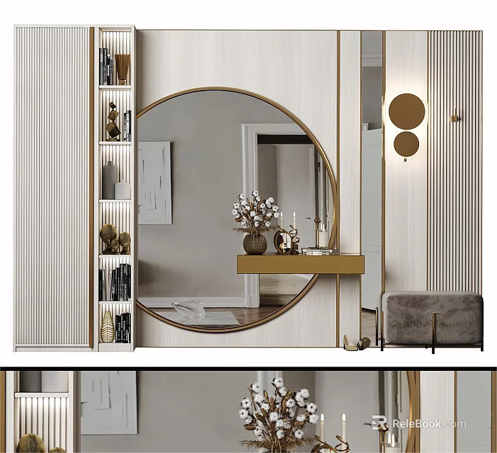 Modern Luxury Dressing Table with Round Gold Mirror Storage Shelves and Upholstered Chair 3d model 