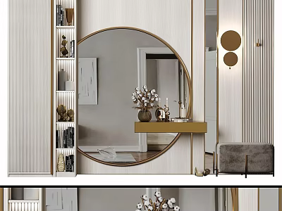 Modern Luxury Dressing Table with Round Gold Mirror Storage Shelves and Upholstered Chair 3d model