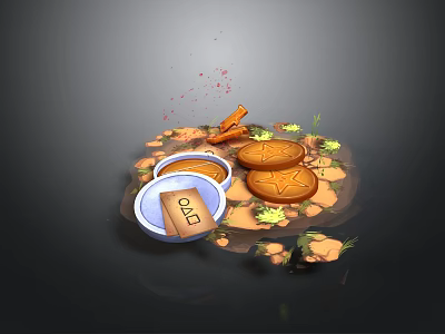 Earthy Yellow Setting With Bowls Liquid Circular Items Bio Label Plants And Crumbs 3d model