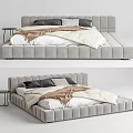 Modern Gray Upholstered Double Bed With White Beige Bedding And Side Table 3d model