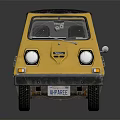 Vintage Yellow Micro Car with Dark Blue Soft Top Round Headlights and Black Stripes
