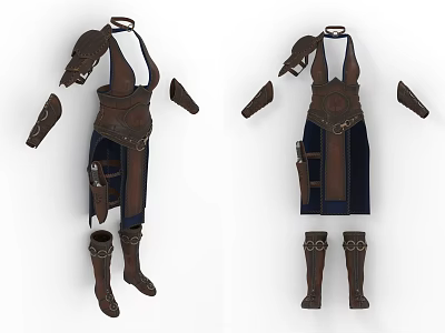 Brown Leather Clothing Set with Shoulder Armor Arm Guards Dark Skirt Pockets and Boots 3d model