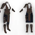 Brown Leather Clothing Set with Shoulder Armor Arm Guards Dark Skirt Pockets and Boots
