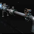 Industrial Equipment Steel Pipes Valves Flanges Mounted on Metal Supports for Fluid Control