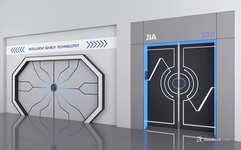 Modern Double Doors Design With Blue Radial Lines For Safety Technology Applications 3d model 